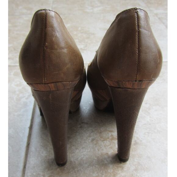 TRUE RELIGION "Amy" Brown Leather Peep Toe Wooden Platform Heels Size 6 - Picture 6 of 7